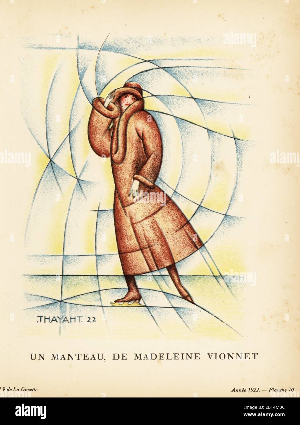 Donna che pattina indossando un cappotto invernale progettato da Madeleine Vionnet. Un manteau de Madeleine Vionnet. Plate 70, Vol. 2.9, 1922. Litografia di un pocoro a colori di Ernesto Michahelles (Thayaht) di Lucien Vogels le Bon Genre: 100 tavole di Gazette du Bon Ton, Brentanos, Parigi, 1922. Foto Stock