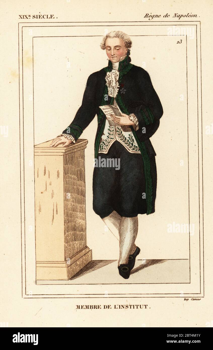 Costume di un membro francese di un istituto, epoca napoleonica. Litografia Handcolored da Leopoldo Massard da Le Bibliophile Jacob aka Paul Lacroix i costumi Historiques de la France (costumi storici della Francia), Amministrazione de Librairie, Parigi, 1852. Foto Stock