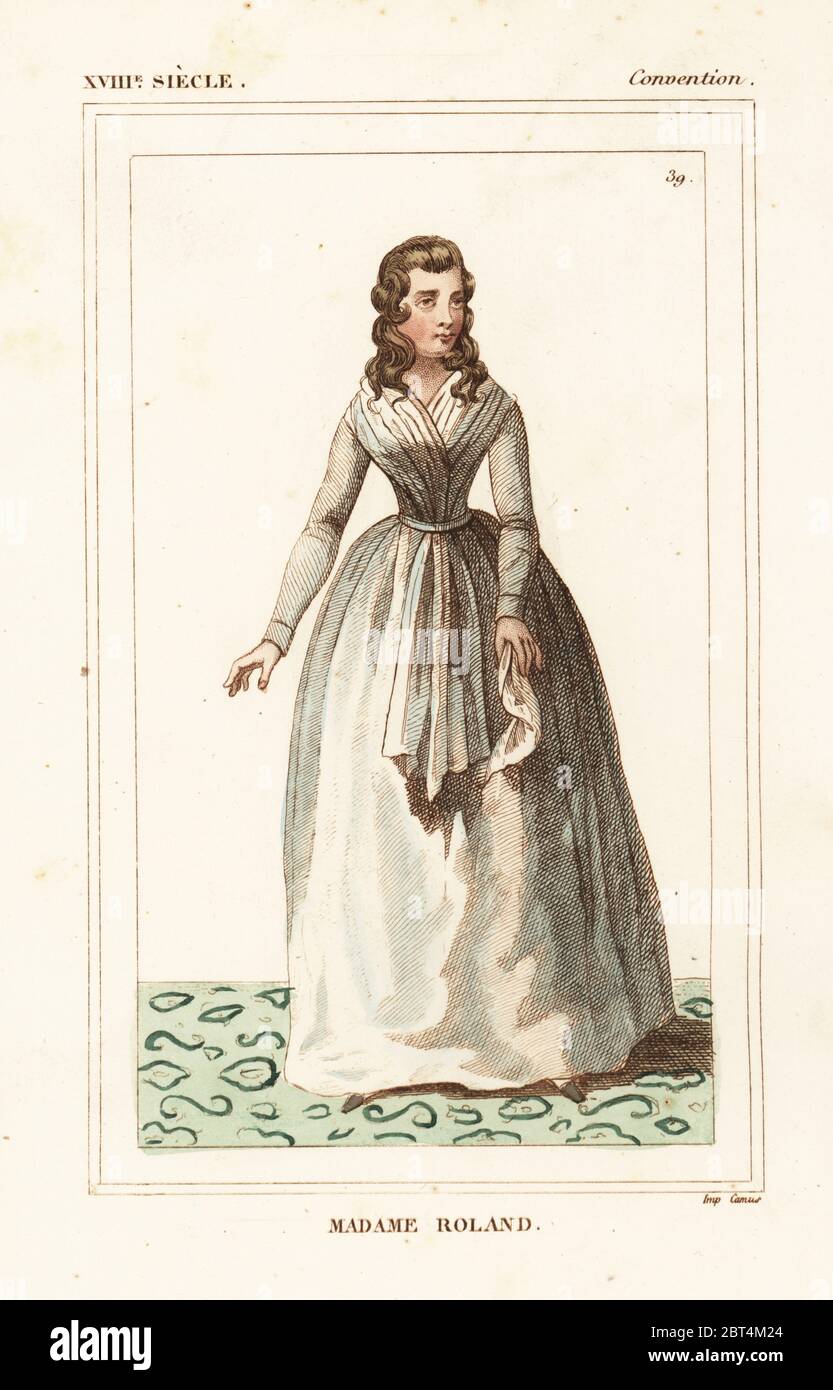 Madame Roland (Marie-Jeanne Phlippon Roland), rivoluzionario francese e Girondist 1754 - 1793. Litografia Handcolored da Le Bibliophile Jacob aka Paul Lacroix i costumi Historiques de la France (costumi storici della Francia), Amministrazione de Librairie, Parigi, 1852. Foto Stock
