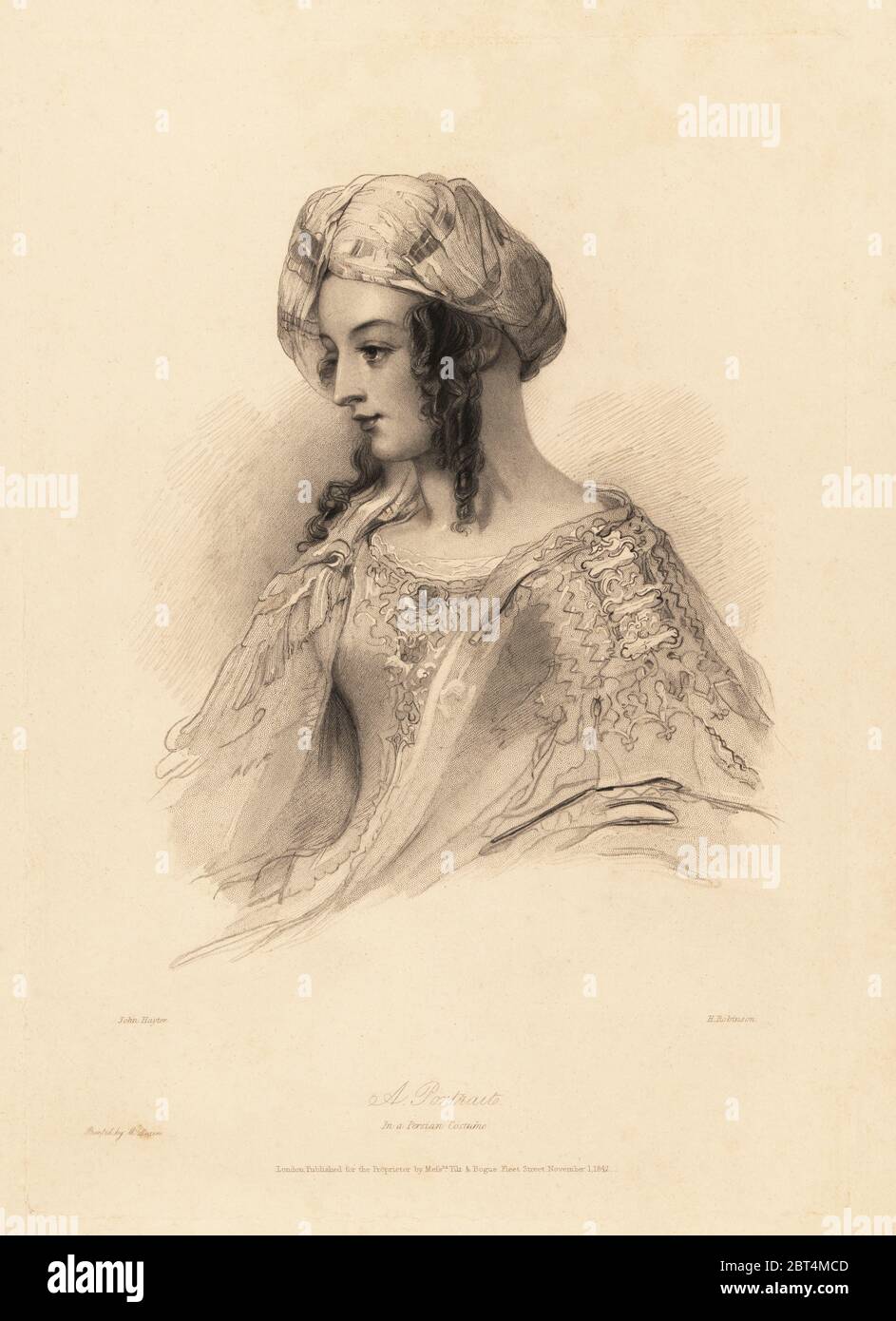 Ritratto di una donna in costume persiano. Indossa un turbante, i capelli in boccoli, vestito con maniche ricamate. Incisione di stiple di acciaio di H. Robinson dopo un'illustrazione di John Hayter da Charles Heaths Perle inglesi, o Ritratti per il Boudoir, Tilt e Bogue, Londra, 1843. Foto Stock