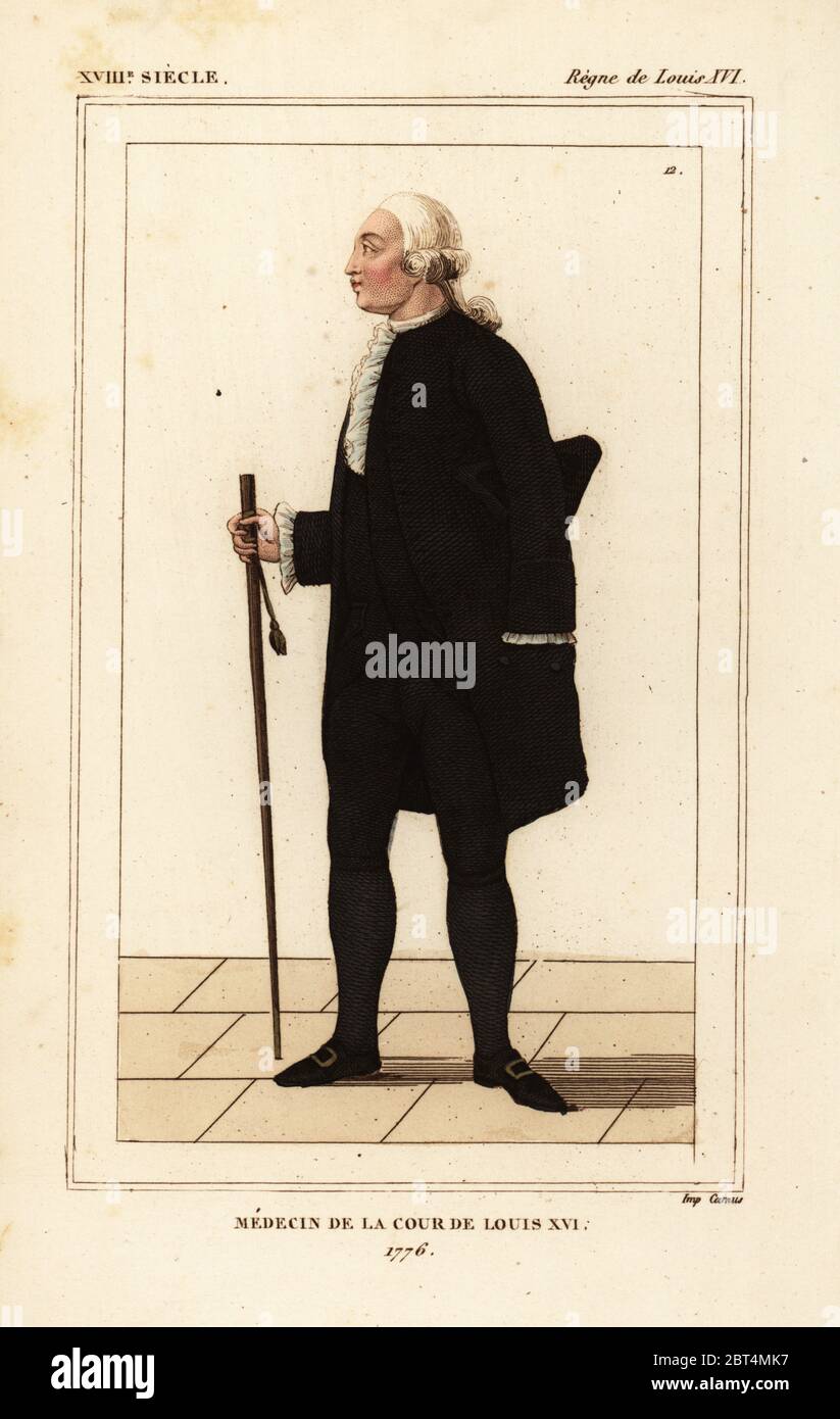 Medico alla corte di re Luigi XVI di Francia, 1776. Litografia Handcolored da Le Bibliophile Jacob aka Paul Lacroix i costumi Historiques de la France (costumi storici della Francia), Amministrazione de Librairie, Parigi, 1852. Foto Stock