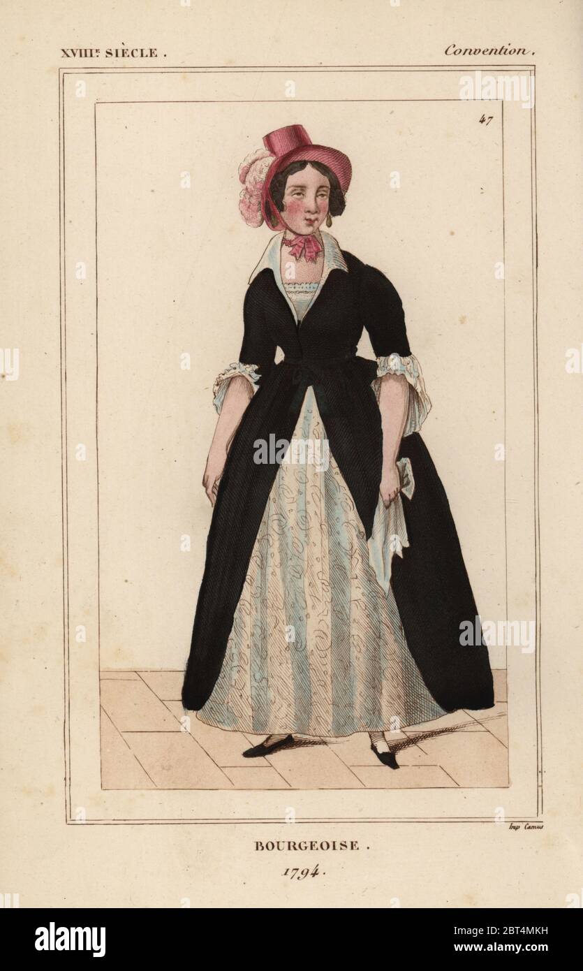 Bourgeoise donna, 1794, francese Convenzione Nazionale era. Litografia Handcolored da Le Bibliophile Jacob aka Paul Lacroix i costumi Historiques de la France (costumi storici della Francia), Amministrazione de Librairie, Parigi, 1852. Foto Stock
