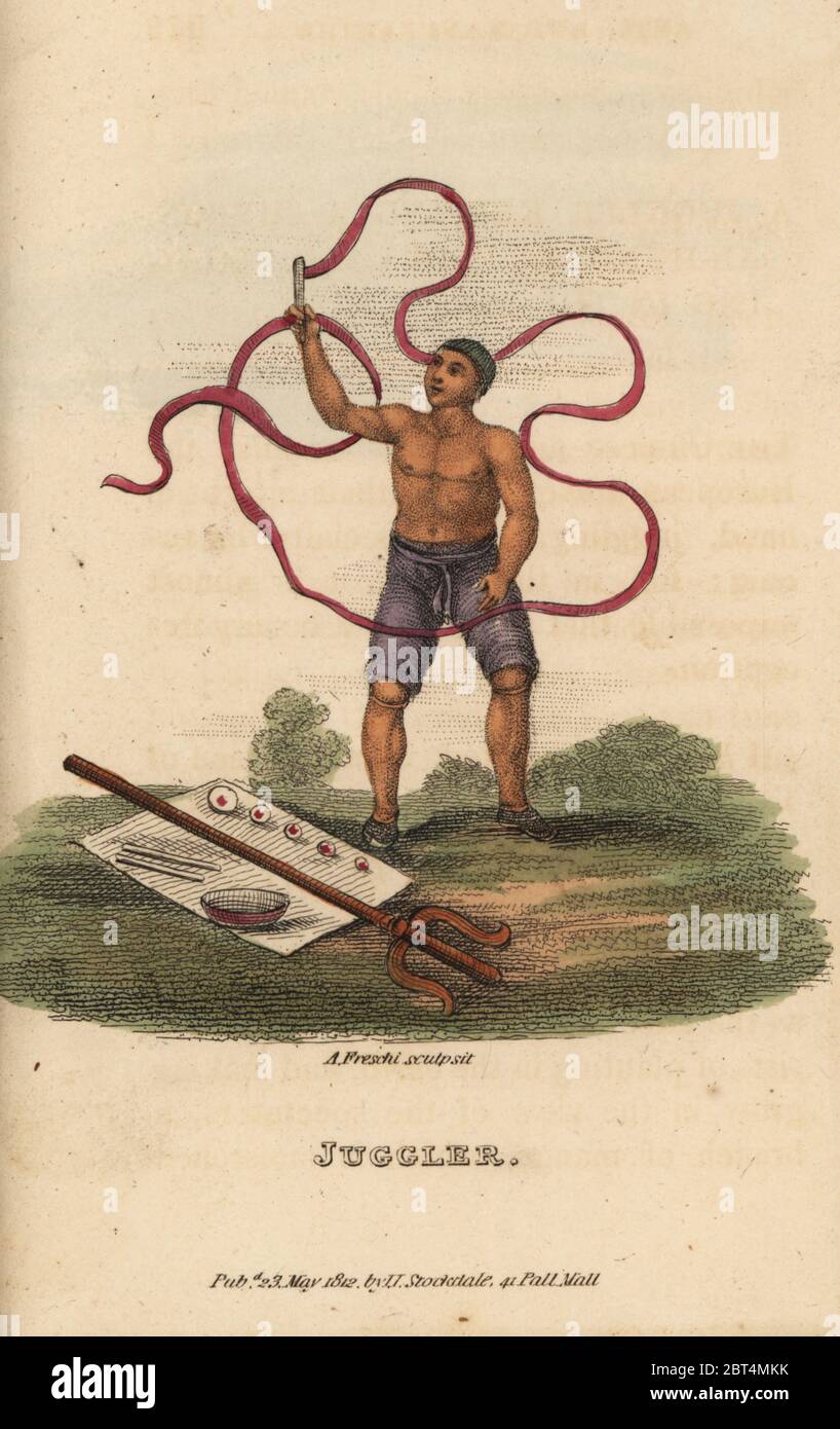 Giocoliere cinese mantenendo un 100-piede lungo nastro galleggianti in aria, Dinastia Qing. Handcolored incisione su rame da Andrea Freschi dopo Antoine Cardon da Henri-Leonard-Jean-Baptiste Bertin e Jean Baptiste Joseph Breton della Cina, i suoi costumi, arti, produce, ecc, Howlett e Brimmer, Londra, 1824. Foto Stock