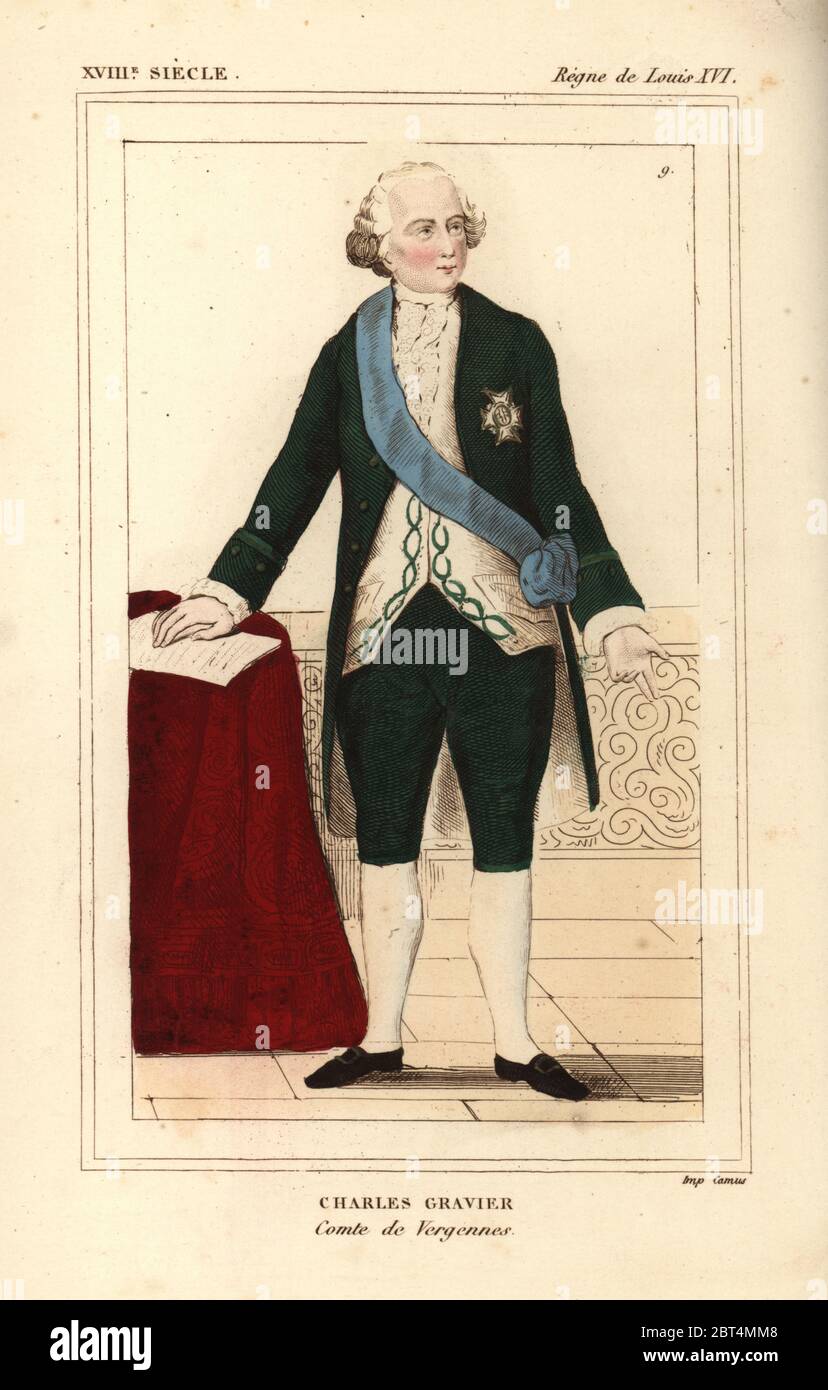 Charles Gravier, Comte de Vergennes, statista e diplomatico 1719-1787. Litografia Handcolored da Le Bibliophile Jacob aka Paul Lacroix i costumi Historiques de la France (costumi storici della Francia), Amministrazione de Librairie, Parigi, 1852. Foto Stock