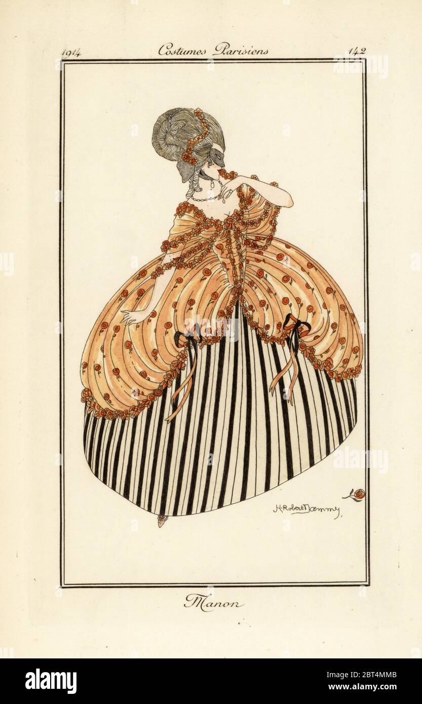 Donna in abito da palla e maschera, costume di Manon Lescaut. Il pochoir (stencil) di colore mano dopo un'illustrazione di H. Robert Dammy da Tommaso Antonginis Journal des Dames et des Modes, Aux Bureaux du Journal des Dames, Parigi, 1914. Foto Stock