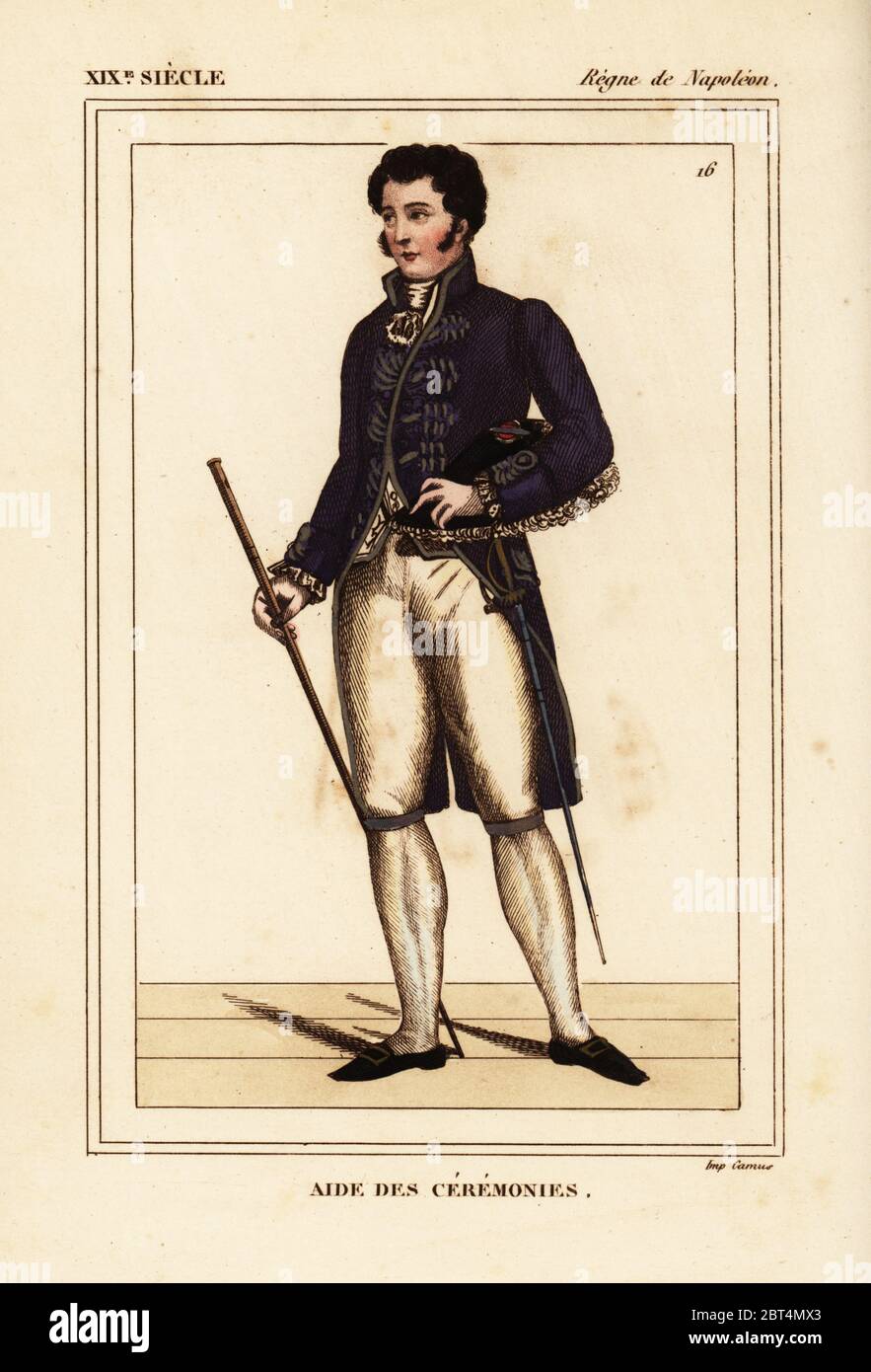Costume di un Aide des cerimonie, epoca napoleonica. Litografia Handcolored da Leopoldo Massard da Le Bibliophile Jacob aka Paul Lacroix i costumi Historiques de la France (costumi storici della Francia), Amministrazione de Librairie, Parigi, 1852. Foto Stock