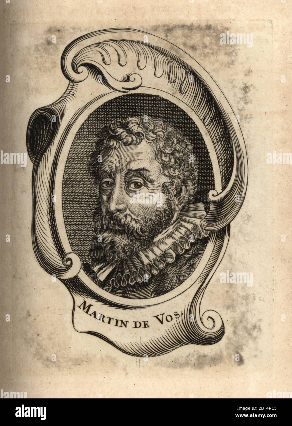 Ritratto di Maerten de Vos, pittore fiammingo di dipinti e ritratti di storia. Martin de Vos. Incisione su copperplate dopo un portait di Aegidius Sadeler II di Antoine-Joseph Dezallier dArgenvilles Abrege de la vie des Plus fameux peintres, vite dei più famosi artisti, de Bure Laine, Parigi, 1762. Foto Stock