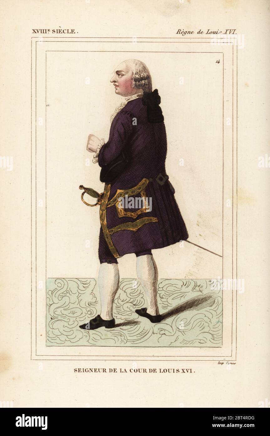 Signore della Corte di Re Luigi XVI, Francia. Litografia Handcolored da Le Bibliophile Jacob aka Paul Lacroix i costumi Historiques de la France (costumi storici della Francia), Amministrazione de Librairie, Parigi, 1852. Foto Stock