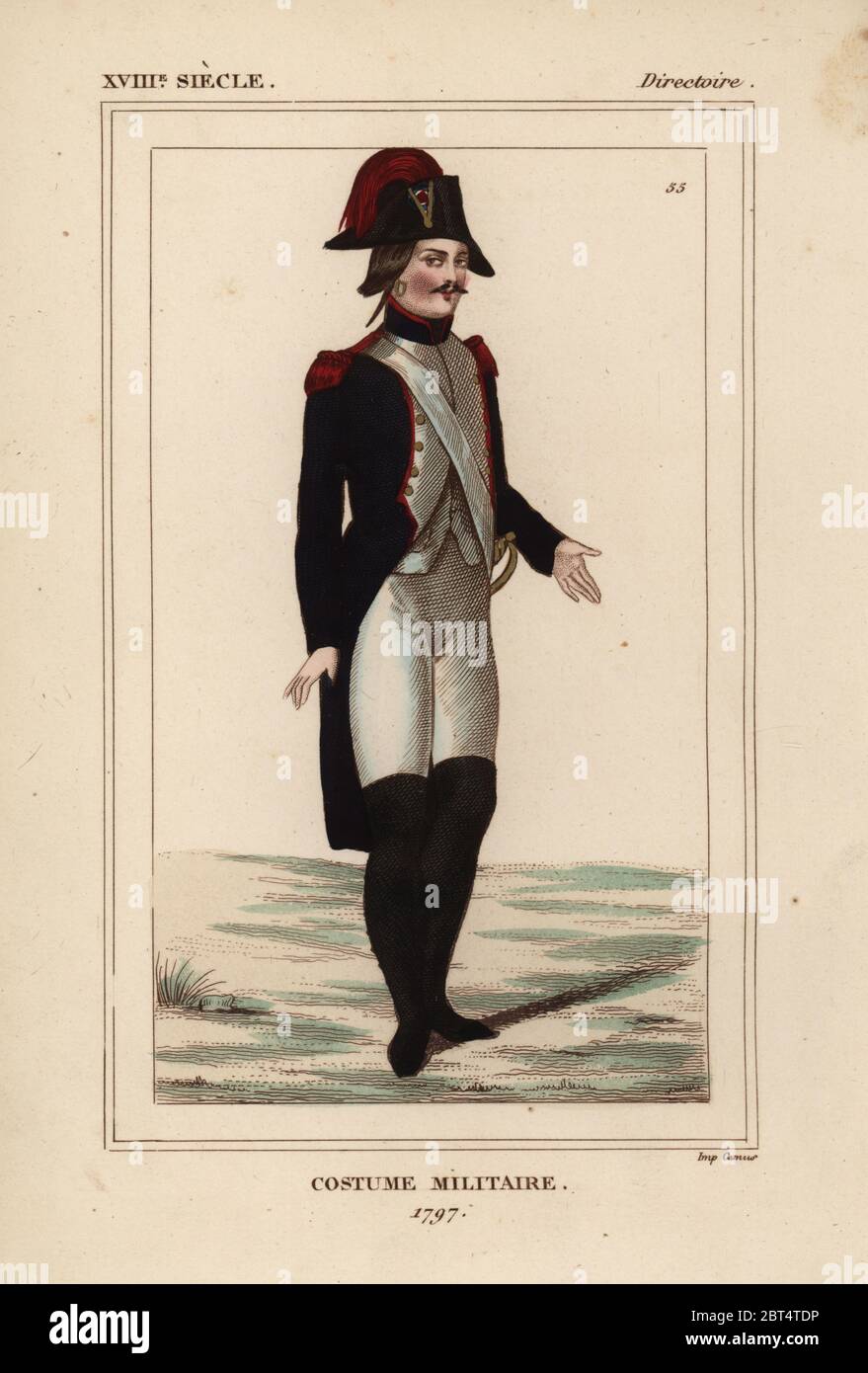 Il francese uniforme militare, Directory era, 1797. Litografia Handcolored da Le Bibliophile Jacob aka Paul Lacroix i costumi Historiques de la France (costumi storici della Francia), Amministrazione de Librairie, Parigi, 1852. Foto Stock