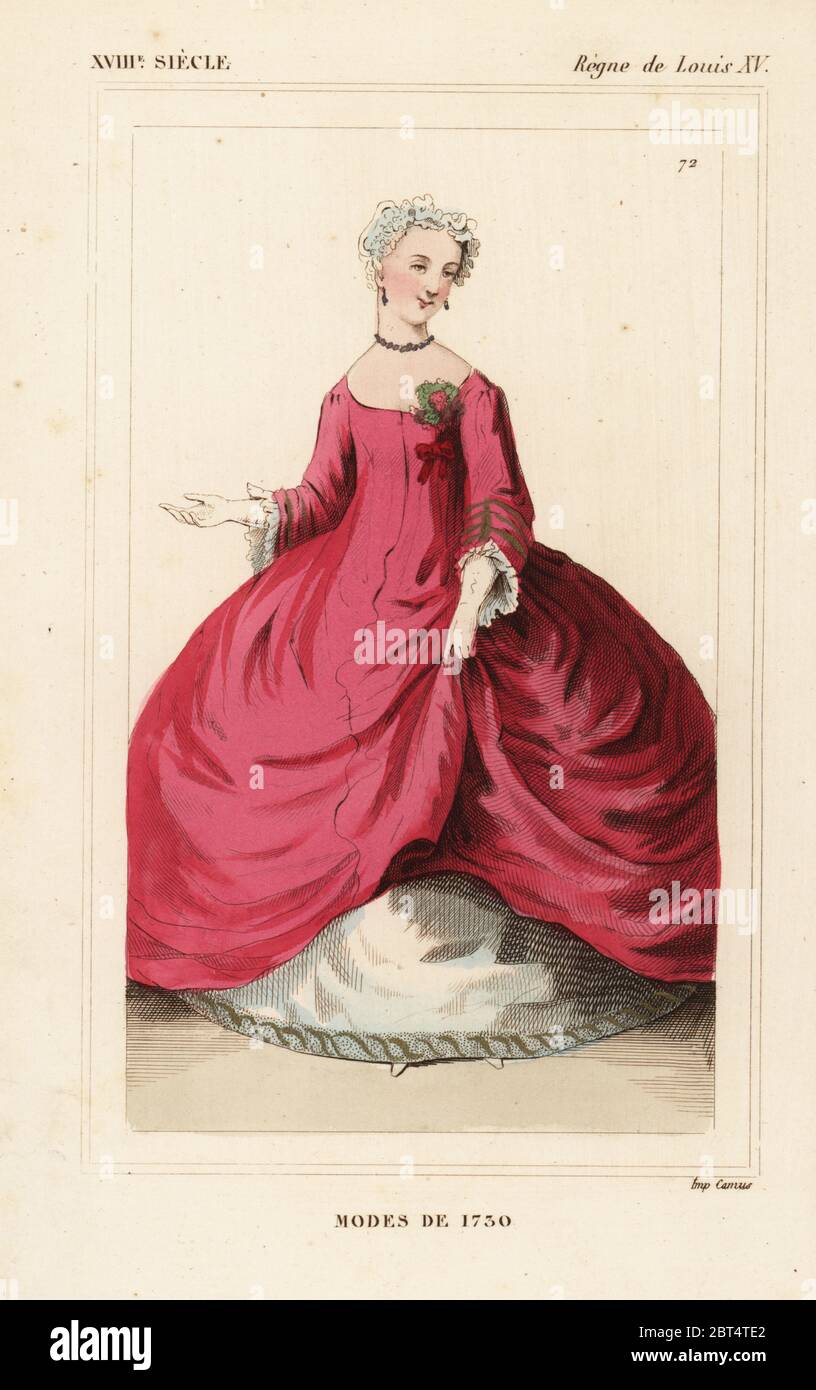 Moda femminile francese del 1750. Litografia colorata a mano dopo una stampa contemporanea di le Bibliophile Jacob aka Paul Lacroix's Costums Historiques de la France (costumi storici della Francia), Administration de Librairie, Parigi, 1852. Foto Stock