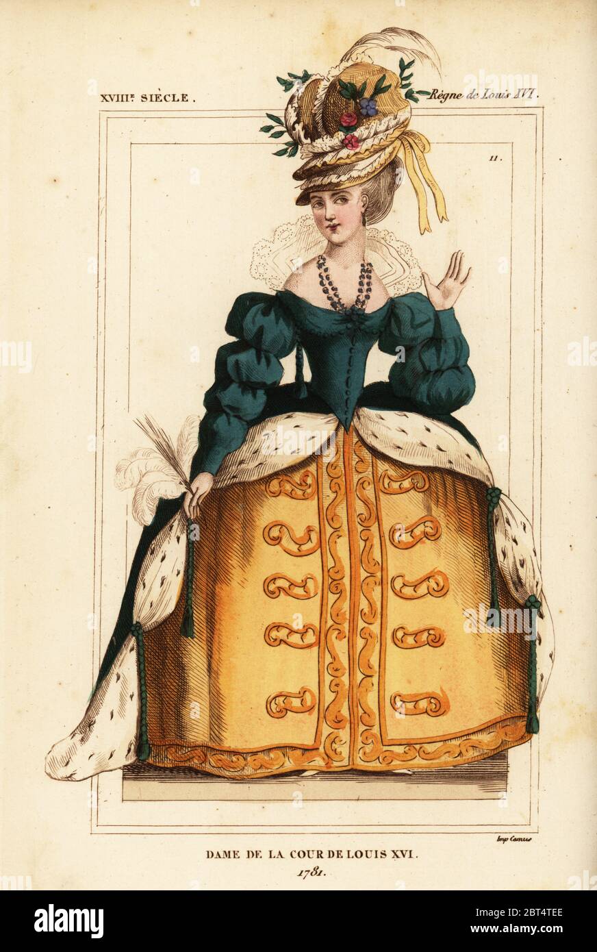 Dama di corte di re Luigi XVI, Francia, 1781. Litografia Handcolored da Le Bibliophile Jacob aka Paul Lacroix i costumi Historiques de la France (costumi storici della Francia), Amministrazione de Librairie, Parigi, 1852. Foto Stock
