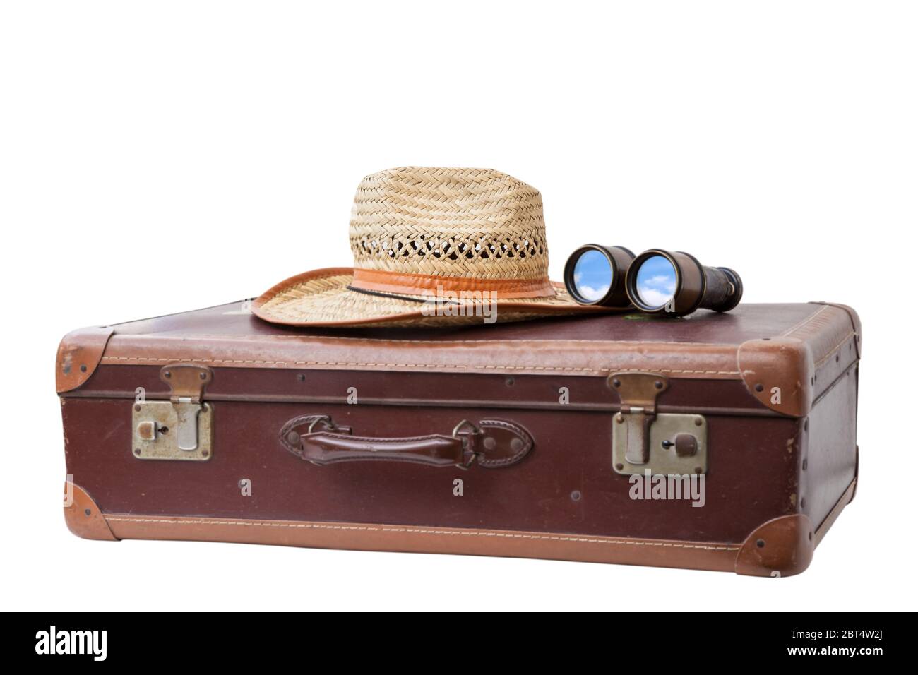Viaggi, tronco, valigie, valigia, binocolo, cappello di paglia, telescopio, lacerazione, Foto Stock