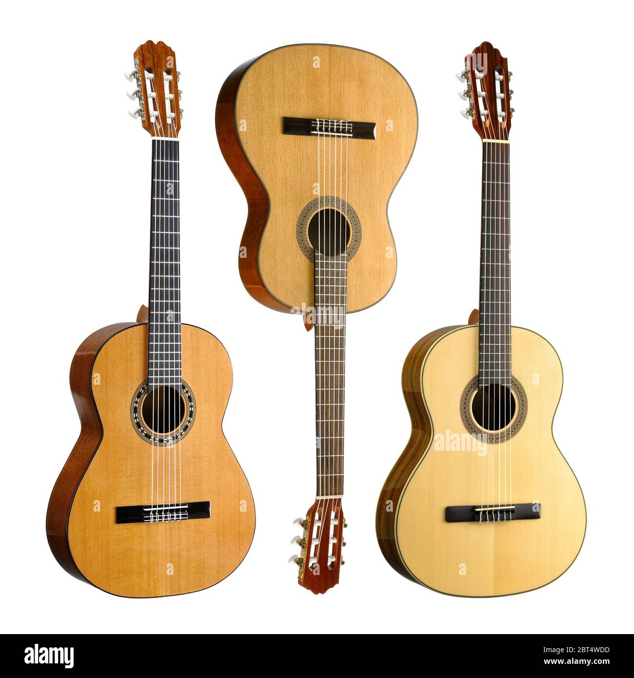 Tre chitarre classiche in un impostato su bianco Foto Stock
