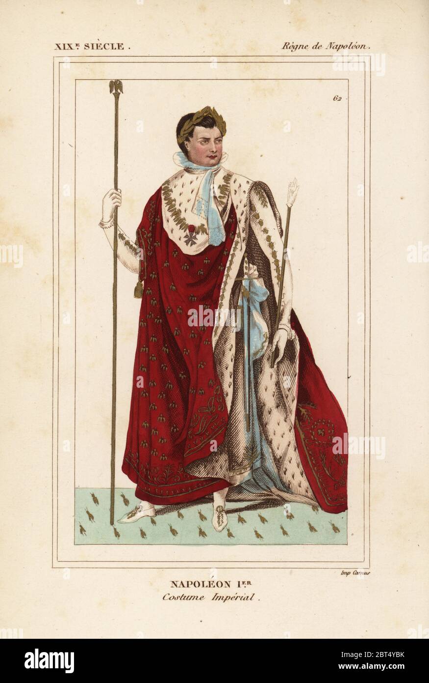 L'imperatore Napoleone Ist di cerimoniale di incoronazione di accappatoi, 1804. Litografia Handcolored da Le Bibliophile Jacob aka Paul Lacroix i costumi Historiques de la France (costumi storici della Francia), Amministrazione de Librairie, Parigi, 1852. Foto Stock