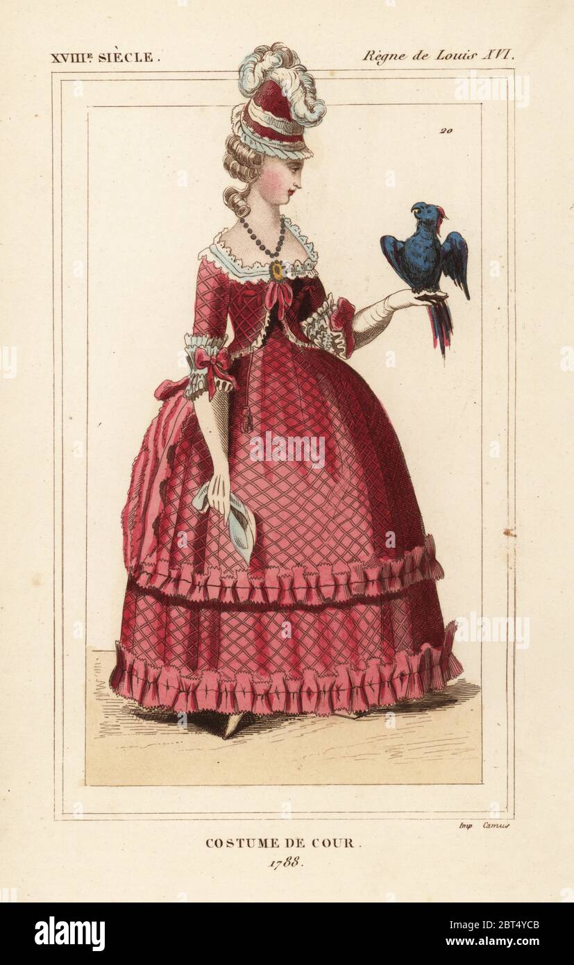 Donna francese in costume di corte con parrot, 1788, corte di re Luigi XVI. Litografia Handcolored da Le Bibliophile Jacob aka Paul Lacroix i costumi Historiques de la France (costumi storici della Francia), Amministrazione de Librairie, Parigi, 1852. Foto Stock