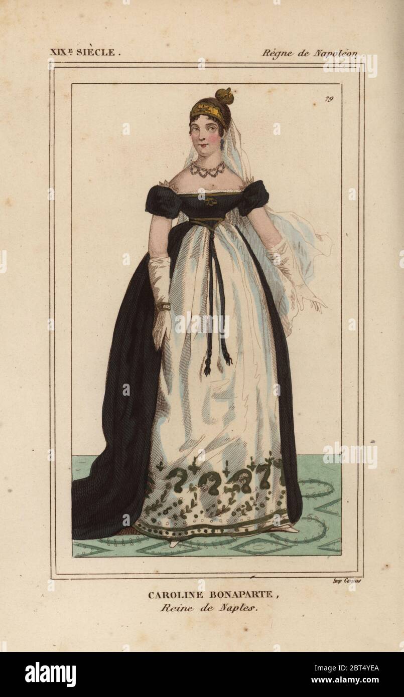 Carolina Bonaparte, Reine de Napoli, regina di Napoli e sorella di Napoleone 1782-1839. Litografia Handcolored da Le Bibliophile Jacob aka Paul Lacroix i costumi Historiques de la France (costumi storici della Francia), Amministrazione de Librairie, Parigi, 1852. Foto Stock