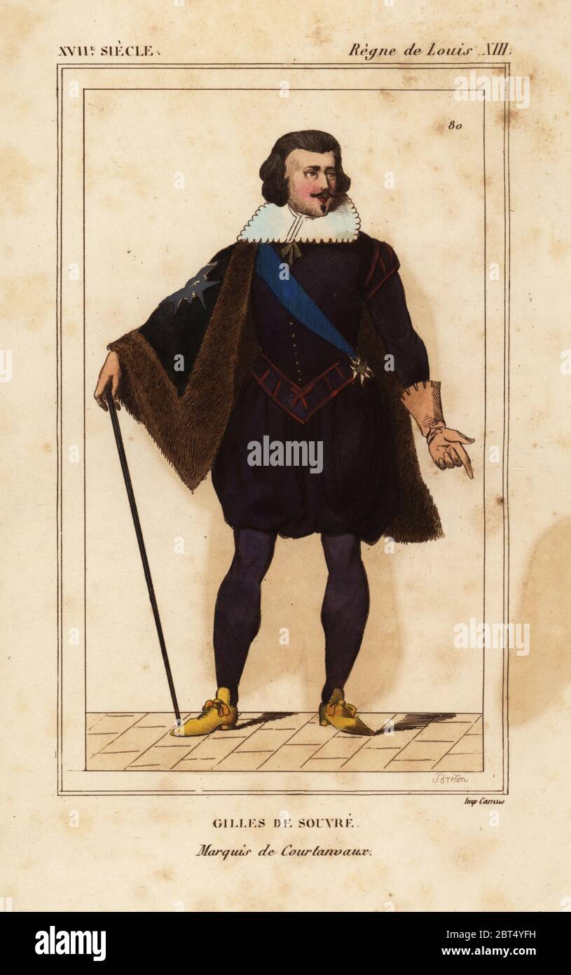 Gilles de Souvre, Marchese de Courtanvaux. Litografia Handcolored da Breton dopo un originale ritratto da Le Bibliophile Jacob aka Paul Lacroix i costumi Historiques de la France (costumi storici della Francia), Amministrazione de Librairie, Parigi, 1852. Foto Stock