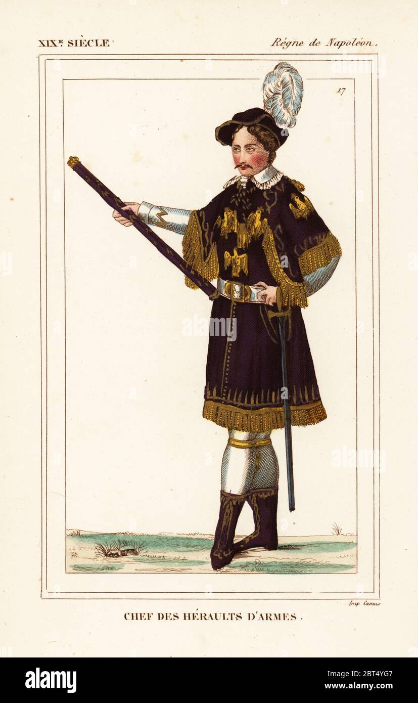 Chief Herald di bracci, epoca napoleonica. Litografia Handcolored da Leopoldo Massard da Le Bibliophile Jacob aka Paul Lacroix i costumi Historiques de la France (costumi storici della Francia), Amministrazione de Librairie, Parigi, 1852. Foto Stock