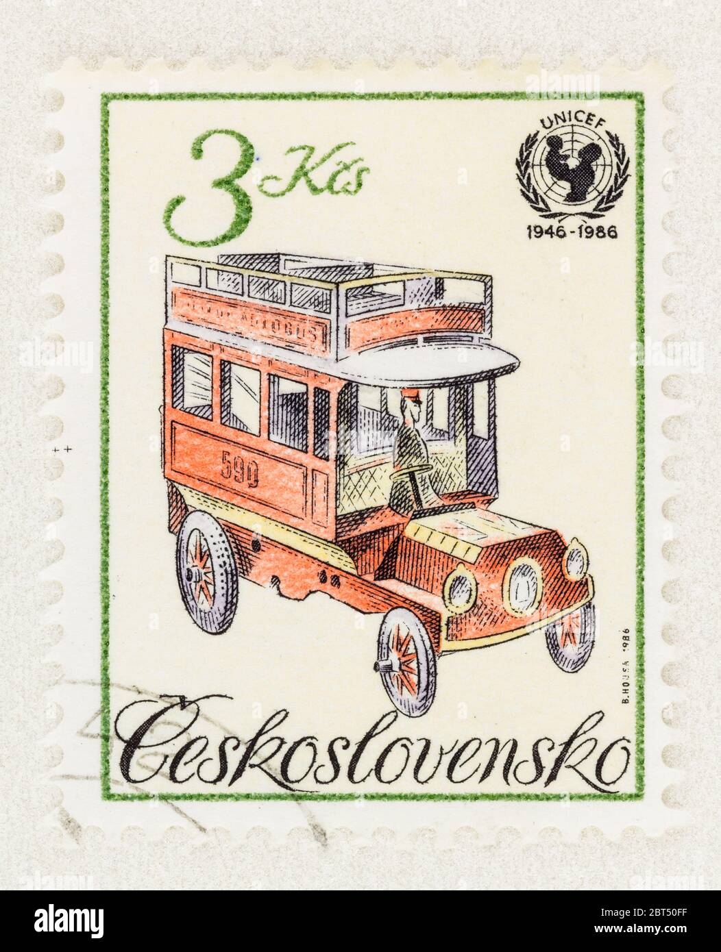 SEATTLE WASHINGTON - 2 maggio 2020: Giocattolo Omnibus su 1986 francobollo ceco, commemorando il 40° anniversario dell'UNICEF. Scott 2616 Foto Stock