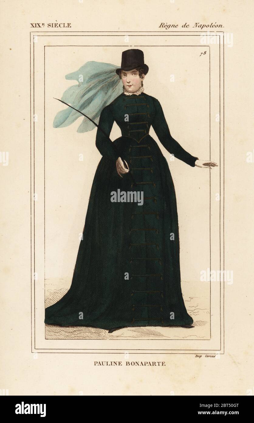Paolina Bonaparte Borghese, duchessa di Guastalla, sorella di Napoleone 1780-1825. Litografia Handcolored da Le Bibliophile Jacob aka Paul Lacroix i costumi Historiques de la France (costumi storici della Francia), Amministrazione de Librairie, Parigi, 1852. Foto Stock