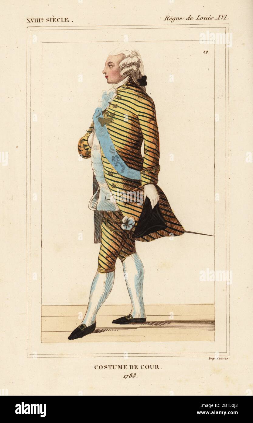 Uomo francese in costume di corte, 1788, corte di re Luigi XVI. Litografia Handcolored da Le Bibliophile Jacob aka Paul Lacroix i costumi Historiques de la France (costumi storici della Francia), Amministrazione de Librairie, Parigi, 1852. Foto Stock