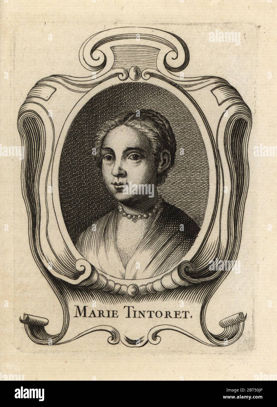 Ritratto di Marietta Robusti, pittore veneziano del Rinascimento, 1560-1590. Figlia di Tintoretto. Incisione su copperplate dopo un autoritratto di Marietta Robusti di Antoine-Joseph Dezallier dArgenvilles Abrege de la vie des Plus fameux peintres, vite dei più famosi artisti, de Bure Laine, Parigi, 1762. Foto Stock