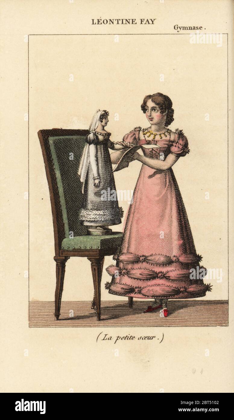 Figlio francese attrice Leontine Fay (1810-1876) La Petite soeur da Eugène Scribe presso il Theatre du Gymnase, 1821. Handcolored incisione su rame da Charles Malo's Almanach des occhiali par K. Y. Z, Chez Louis Janet, Parigi, 1822. Foto Stock