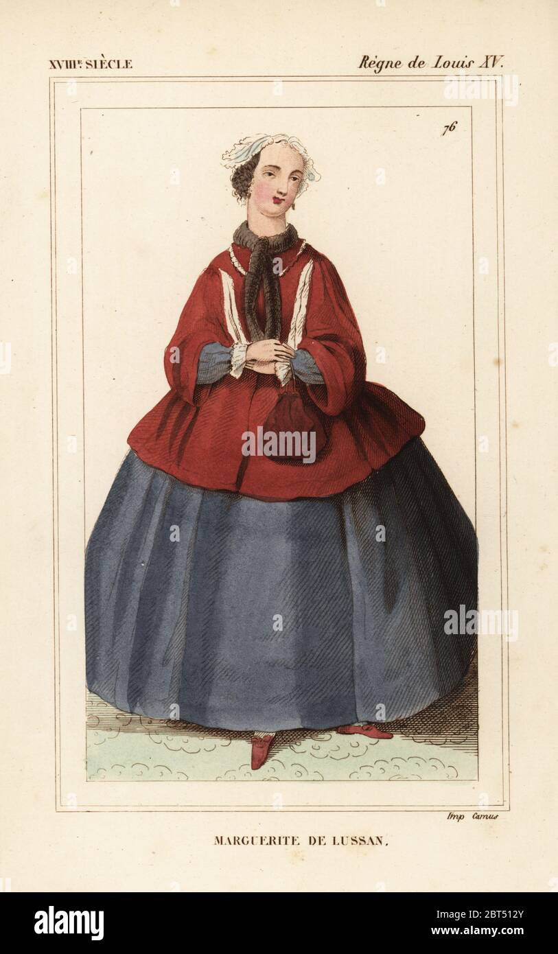 Marguerite de Lussan, scrittore e romanziere storico, 1682-1758. Litografia colorata a mano dopo un ritratto inciso di le Bibliophile Jacob aka Paul Lacroix's Costums Historiques de la France (costumi storici della Francia), Administration de Librairie, Parigi, 1852. Foto Stock