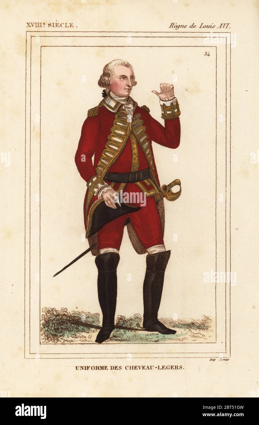 Uniforme della luce francese cavallo cavalleria, Chevau-Legers, 1790. Litografia Handcolored da Le Bibliophile Jacob aka Paul Lacroix i costumi Historiques de la France (costumi storici della Francia), Amministrazione de Librairie, Parigi, 1852. Foto Stock
