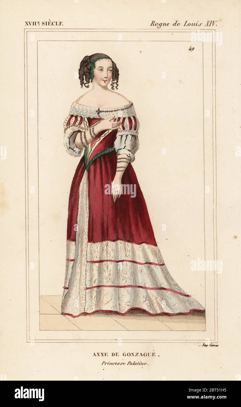 Anne Gonzaga, Principessa Palatina, salonista, 1616-1684. Litografia colorata a mano dopo un ritratto di Bonnard da le Bibliophile Jacob aka Paul Lacroix costumi Historiques de la France (costumi storici della Francia), Administration de Librairie, Parigi, 1852. Foto Stock