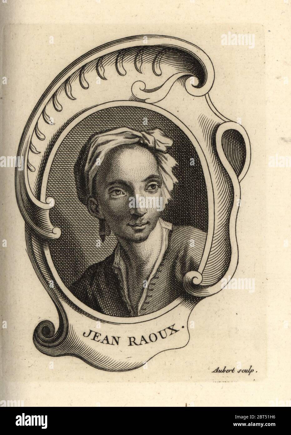 Ritratto di Jean Raoux, pittore francese 1677-1734. Incisione su copperplate di M. Aubert da Antoine-Joseph Dezallier dArgenvilles Abrege de la vie des Plus fameux peintres, vite dei più famosi artisti, de Bure Laine, Parigi, 1762. Foto Stock
