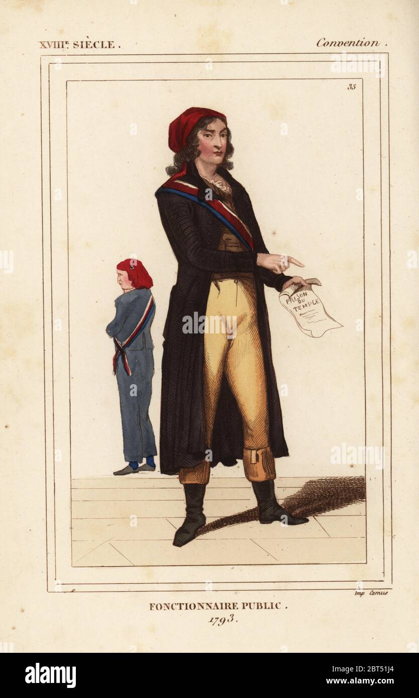 Funzionario pubblico della rivoluzionaria e napoleonica, Fonctionnaire pubblico, e tempio prigione carceriere 1793. Litografia Handcolored da Le Bibliophile Jacob aka Paul Lacroix i costumi Historiques de la France (costumi storici della Francia), Amministrazione de Librairie, Parigi, 1852. Foto Stock