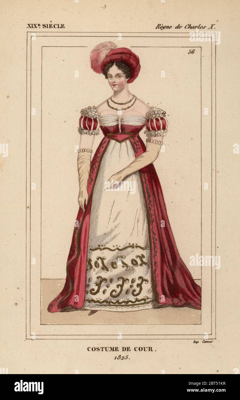 Donna francese in costume di corte, regno di Re Carlo X, 1825. Litografia Handcolored da Le Bibliophile Jacob aka Paul Lacroix i costumi Historiques de la France (costumi storici della Francia), Amministrazione de Librairie, Parigi, 1852. Foto Stock