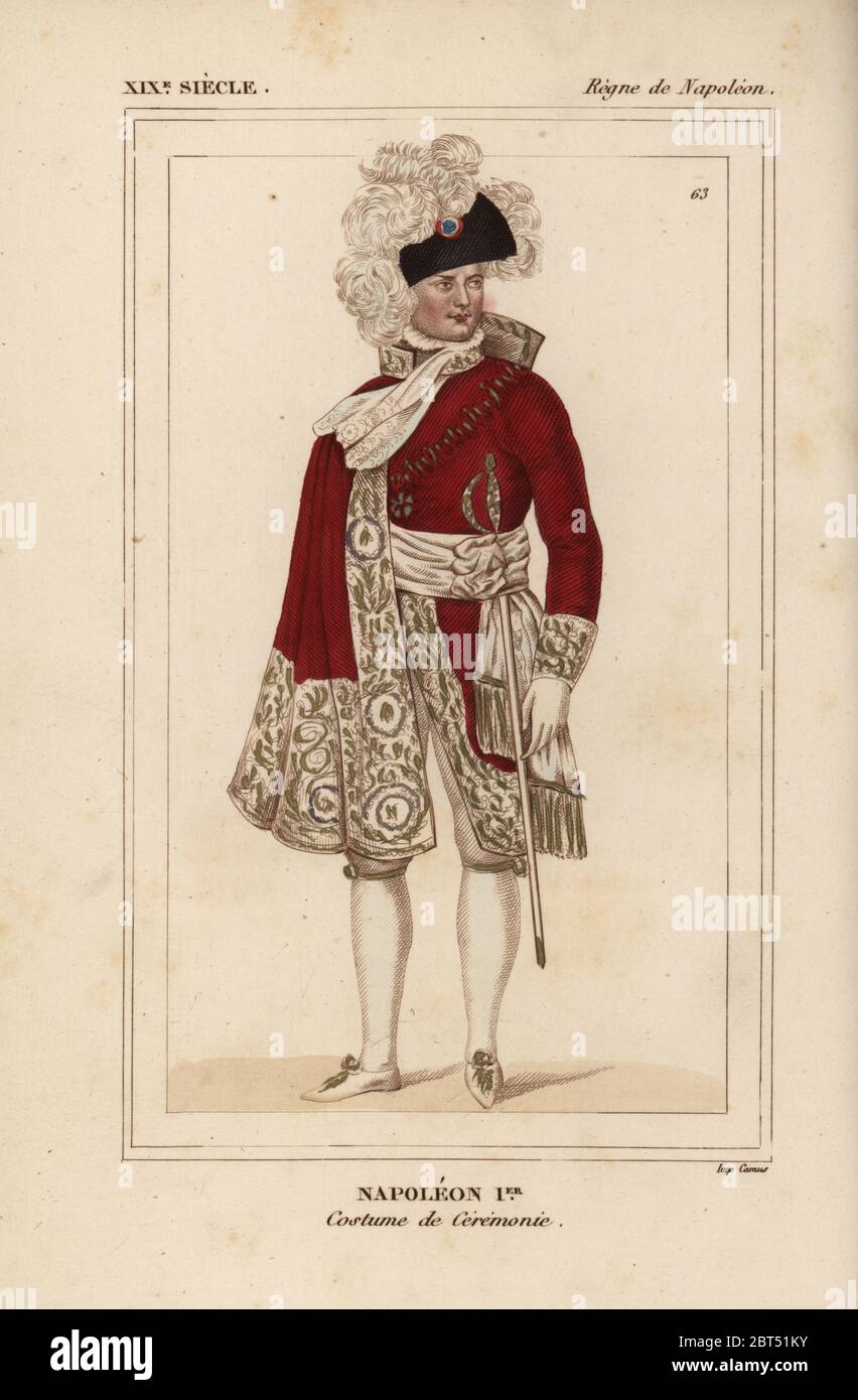 L'imperatore Napoleone Ist, in vesti cerimoniali, 1804. Litografia Handcolored da Le Bibliophile Jacob aka Paul Lacroix i costumi Historiques de la France (costumi storici della Francia), Amministrazione de Librairie, Parigi, 1852. Foto Stock