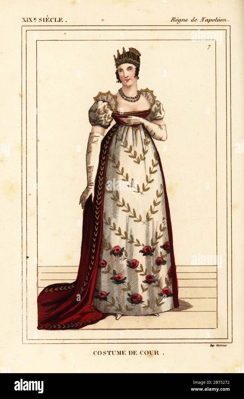 Costume di una femmina cortigiano, Francese napoleonico. Litografia Handcolored da Leopoldo Massard da Le Bibliophile Jacob aka Paul Lacroix i costumi Historiques de la France (costumi storici della Francia), Amministrazione de Librairie, Parigi, 1852. Foto Stock