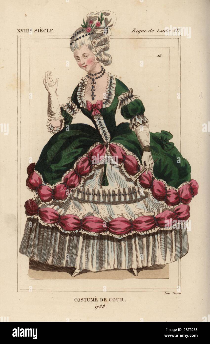 Donna francese in costume di corte chiamato la Circassienne, 1788. Litografia Handcolored da Le Bibliophile Jacob aka Paul Lacroix i costumi Historiques de la France (costumi storici della Francia), Amministrazione de Librairie, Parigi, 1852. Foto Stock