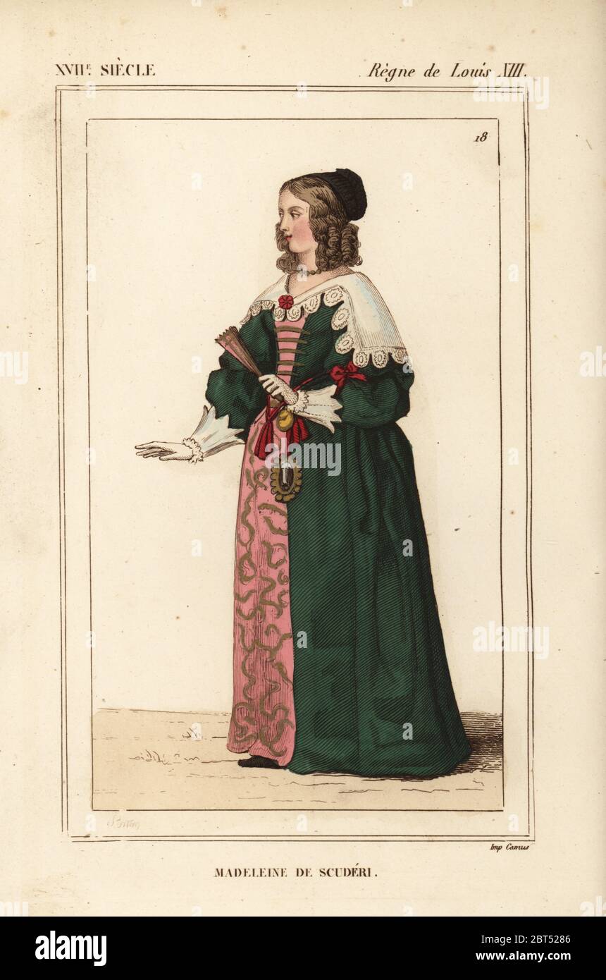 Madeleine de Scuderi, scrittore francese, 1607-1701. Litografia colorata a mano dopo un ritratto originale di le Bibliophile Jacob aka Paul Lacroix costumi Historiques de la France (costumi storici della Francia), Administration de Librairie, Parigi, 1852. Foto Stock