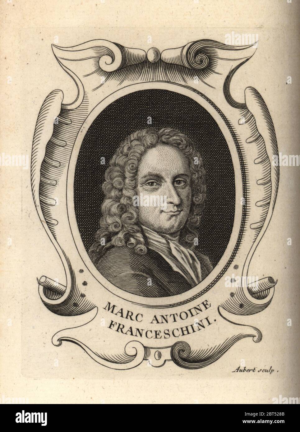 Ritratto di Marcantonio Franceschini, pittore italiano del periodo barocco 1648-1729. Marc Antoine Franceschini. Incisione su copperplate di M. Aubert da Antoine-Joseph Dezallier dArgenvilles Abrege de la vie des Plus fameux peintres, vite dei più famosi artisti, de Bure Laine, Parigi, 1762. Foto Stock