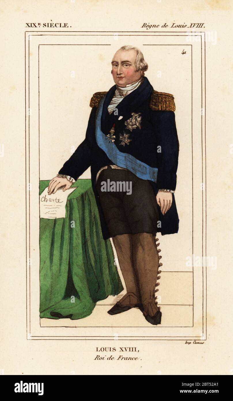 Il re Luigi XVIII di Francia, Louis Stanislas Saverio, 1755-1824. Litografia Handcolored da Le Bibliophile Jacob aka Paul Lacroix i costumi Historiques de la France (costumi storici della Francia), Amministrazione de Librairie, Parigi, 1852. Foto Stock