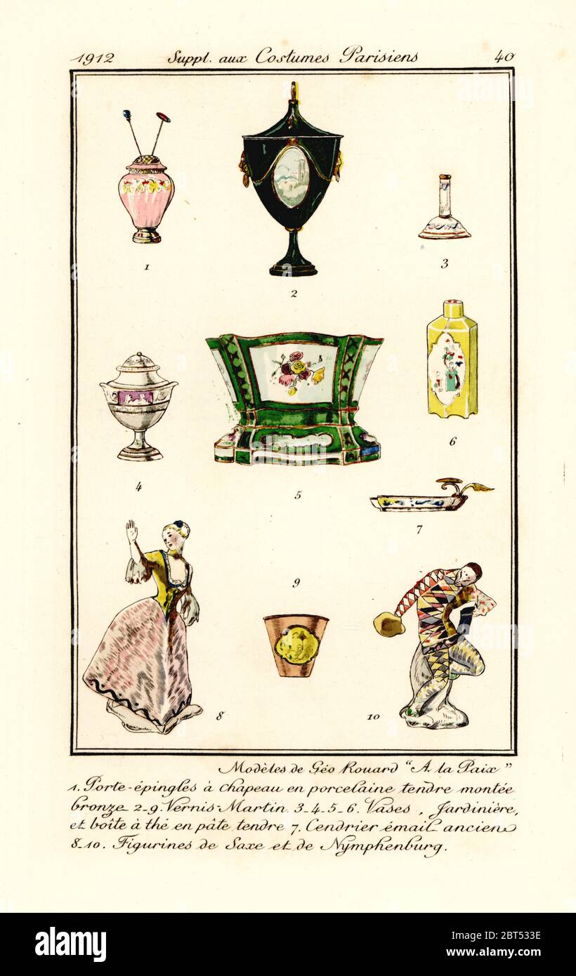 Vasi in porcellana, jardiniere, posacenere, figure del negozio Geo Rouards A la Paix, 30 avenue dOpera. MODELES de Geo Rouard A la Paix. Incisione di un pochoir colorato a mano (stencil) da Tommaso Antonginis Journal des Dames et des Modes, Aux Bureaux du Journal des Dames, Parigi, 1912. Foto Stock