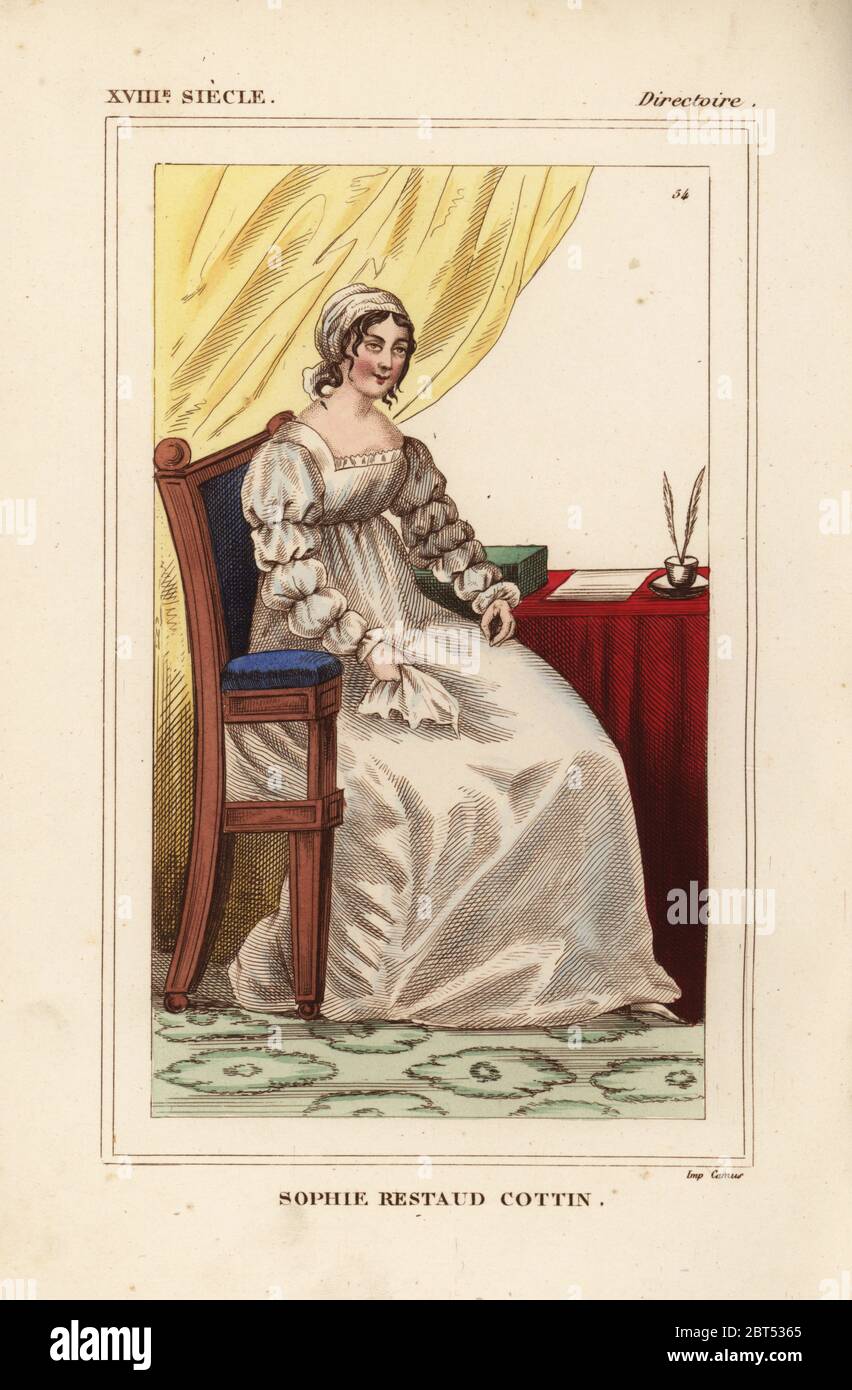 Sophie Ristaud Cottin, scrittore francese, 1770-1807. Litografia Handcolored da Le Bibliophile Jacob aka Paul Lacroix i costumi Historiques de la France (costumi storici della Francia), Amministrazione de Librairie, Parigi, 1852. Foto Stock