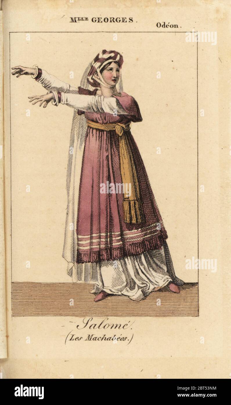 L'attrice francese Mlle. Margeurite Georges (1787-1867) come Salome a Les Machabees da Houdart de la Motte a l'Odeon, 1821. Handcolored incisione su rame da Charles Malo's Almanach des occhiali par K. Y. Z, Chez Louis Janet, Parigi, 1823. Foto Stock