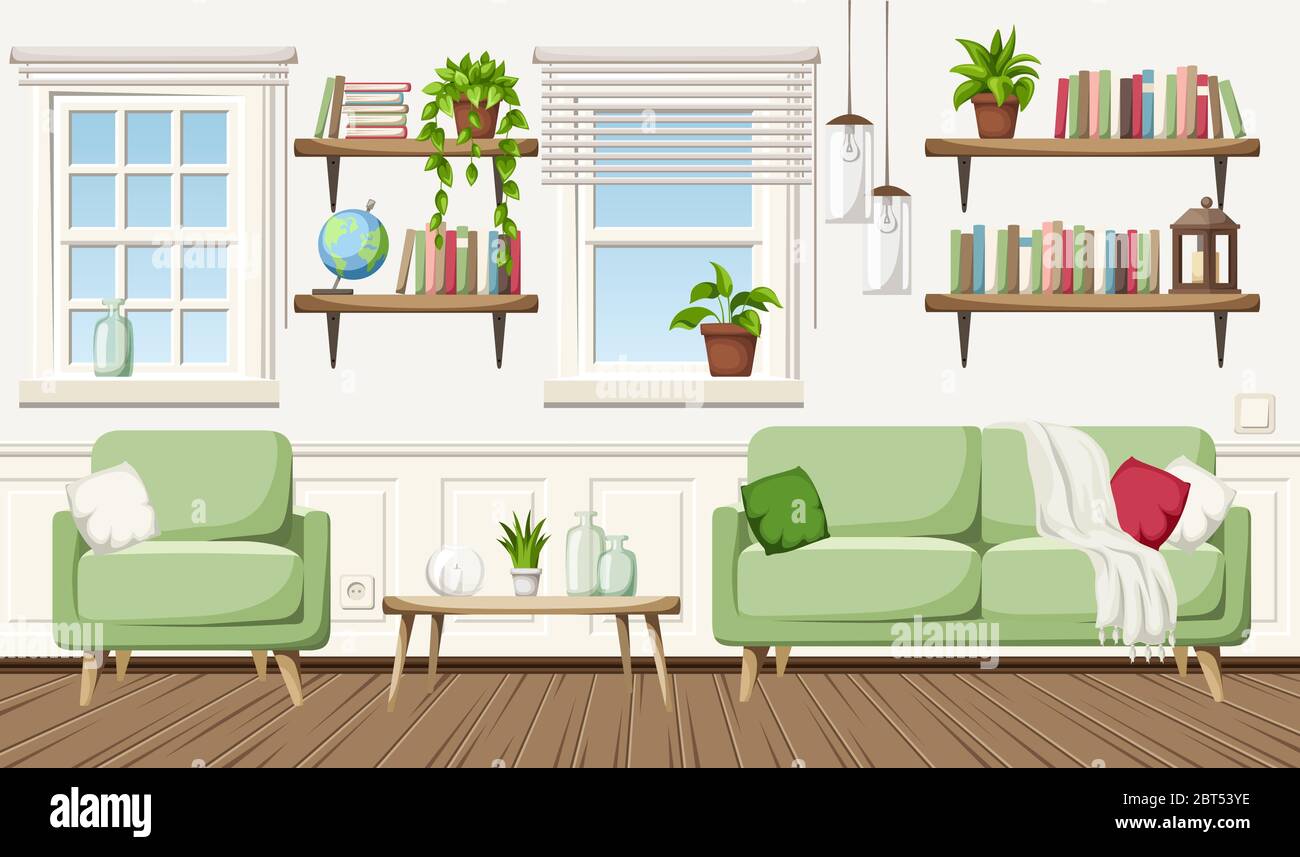 Vector accogliente soggiorno interno con divano, poltrona, tavolo e scaffali. Illustrazione Vettoriale