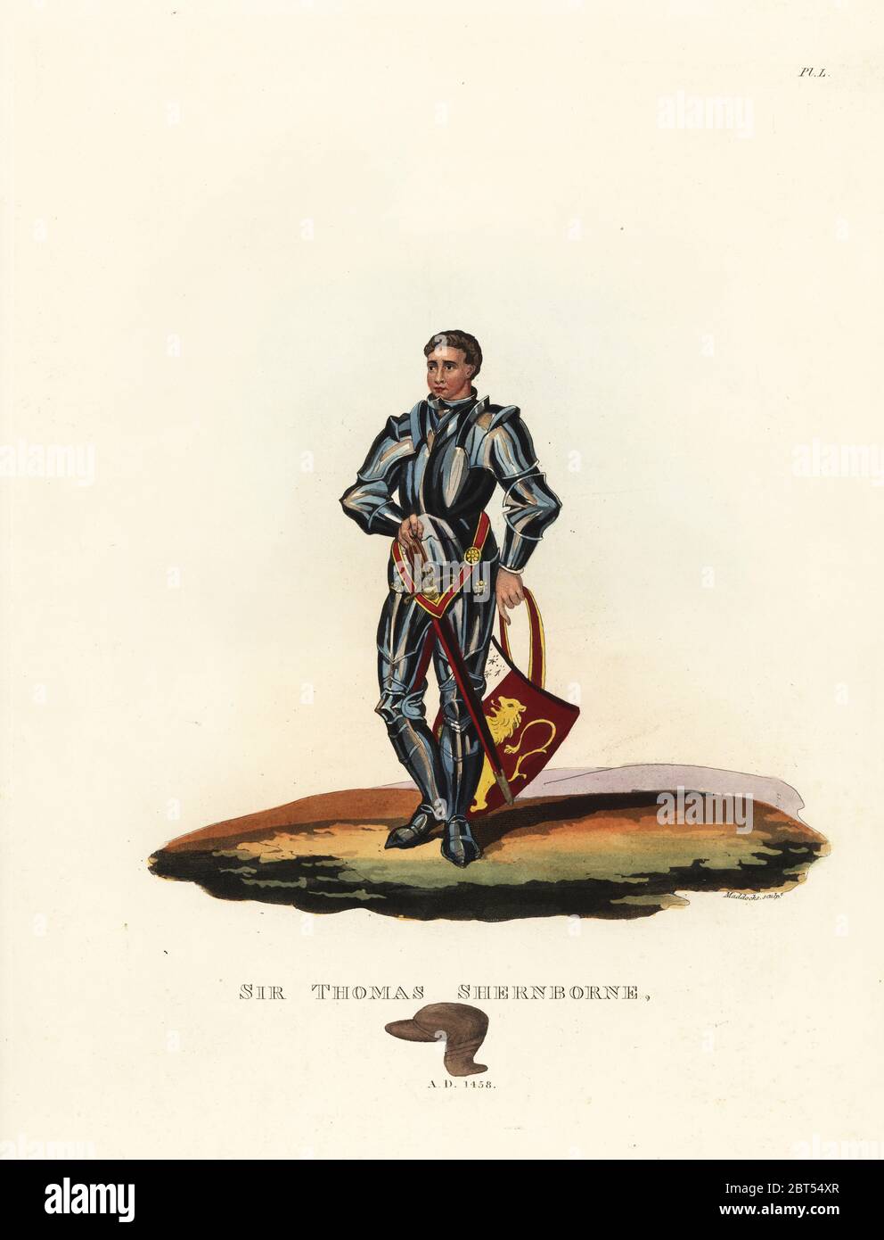 Sir Thomas Shernborne, cavaliere inglese e camberlain della Regina Margherita d'Angiò, 1458. Indossa un vestito di armatura a piastre con un caratteristico gorget a piastra o hauuse-col, pauldron con sporgenze sporgenti, e indossa la spada davanti piuttosto che di lato. Tiene il suo scudo armoriale nella mano sinistra. Da un effigie di ottone nella chiesa di Shernborne, Norfolk. Litografia a mano di Maddock dopo un'illustrazione di S.R. Meyrick di Sir Samuel Rush Meyrick A Critical Inquiry into Antient Armor, John Dowding, Londra, 1842. Foto Stock