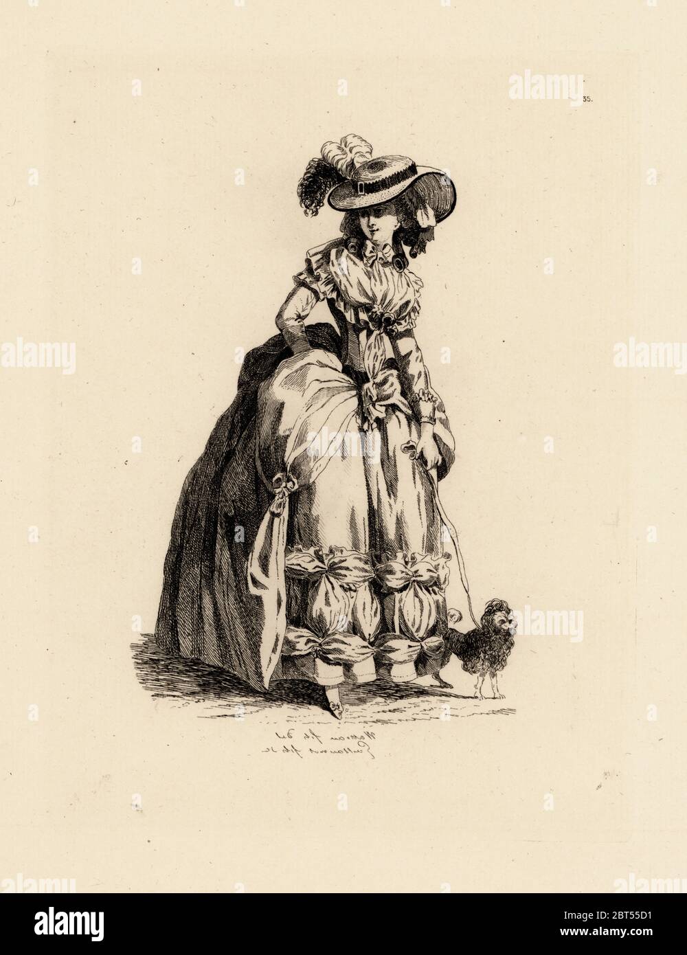 Moda Donna con cane giocattolo, era di Maria Antonietta. Attacco di calcografia da Auguste Etienne Guillaumot da costumi coiffures et du XVIIIe siecle, costumi e acconciature del XVIII secolo, Cagnon, Parigi, 1875. Disegno originale di Francois Louis Joseph Watteau dalle Gallerie des modi et costumi Francais, 1778-1787. Foto Stock