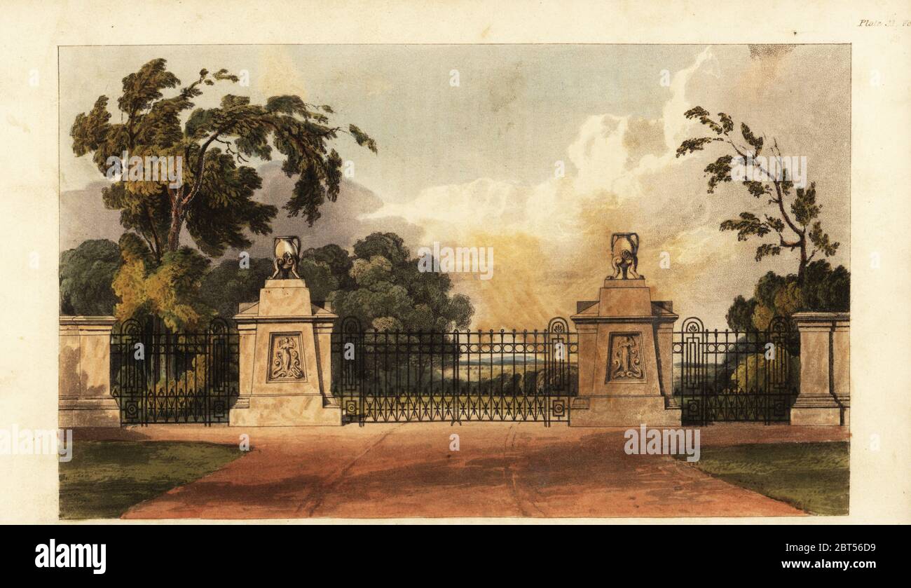 Design per un ingresso al parco Regency con pareti neoclassiche e cancelli in ferro battuto. Incisione a mano su copperplate dal Rudolph Ackermanns Repository of Arts, Londra, 1816. Foto Stock