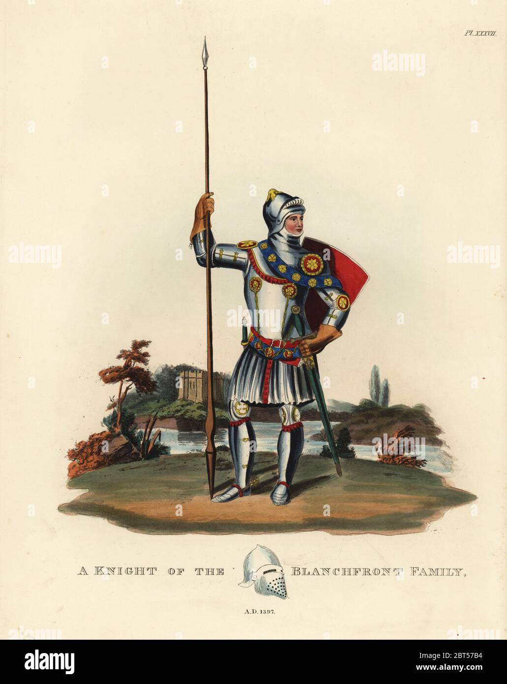 Un cavaliere della famiglia Blanchfront, 1397. Egli indossa una tuta di armatura con una culla visored, seta camail, ornata mamillieres, round ammanettato gauntlets, hauberk, cinture ornate con rosette, spalle e gomiti con roundels. Dopo un monumento in Alvechurch. Litografia Handcolored dopo una illustrazione da S.R. Meyrick da Sir Samuel Rush Meyrick è un Critical Inquiry in Antient corazza, John Dowding, Londra, 1842. Foto Stock