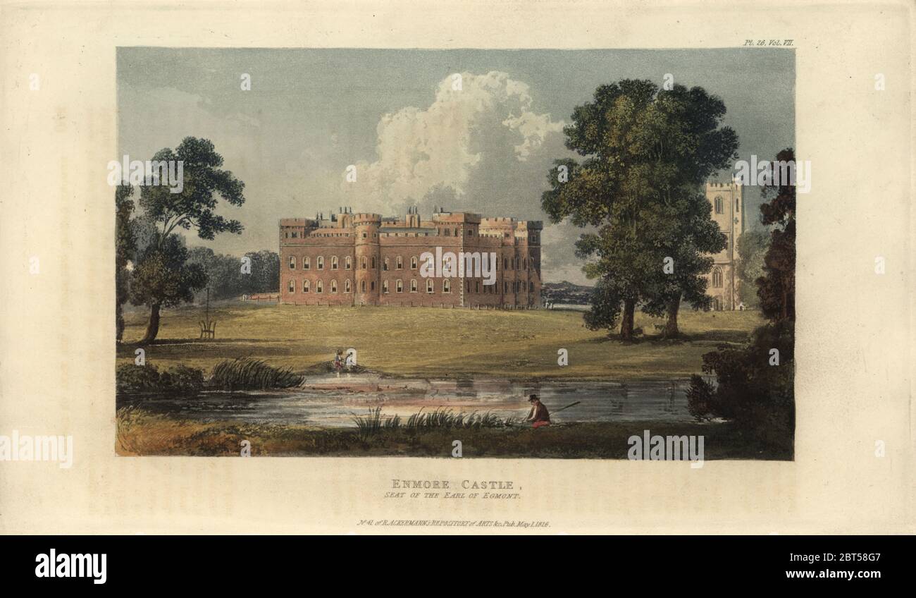 Enmore Castle, Somerset, sede del conte di Egmont. Casa di John Wilmot, conte di Rochester nel 17 ° secolo. Nel 18 ° secolo, John Pereval, II conte di Egmont, ha aggiunto merli medievali e torri per trasformarlo in una follia. Incisione a mano su copperplate dal Rudolph Ackermanns Repository of Arts, Londra, 1821. Foto Stock