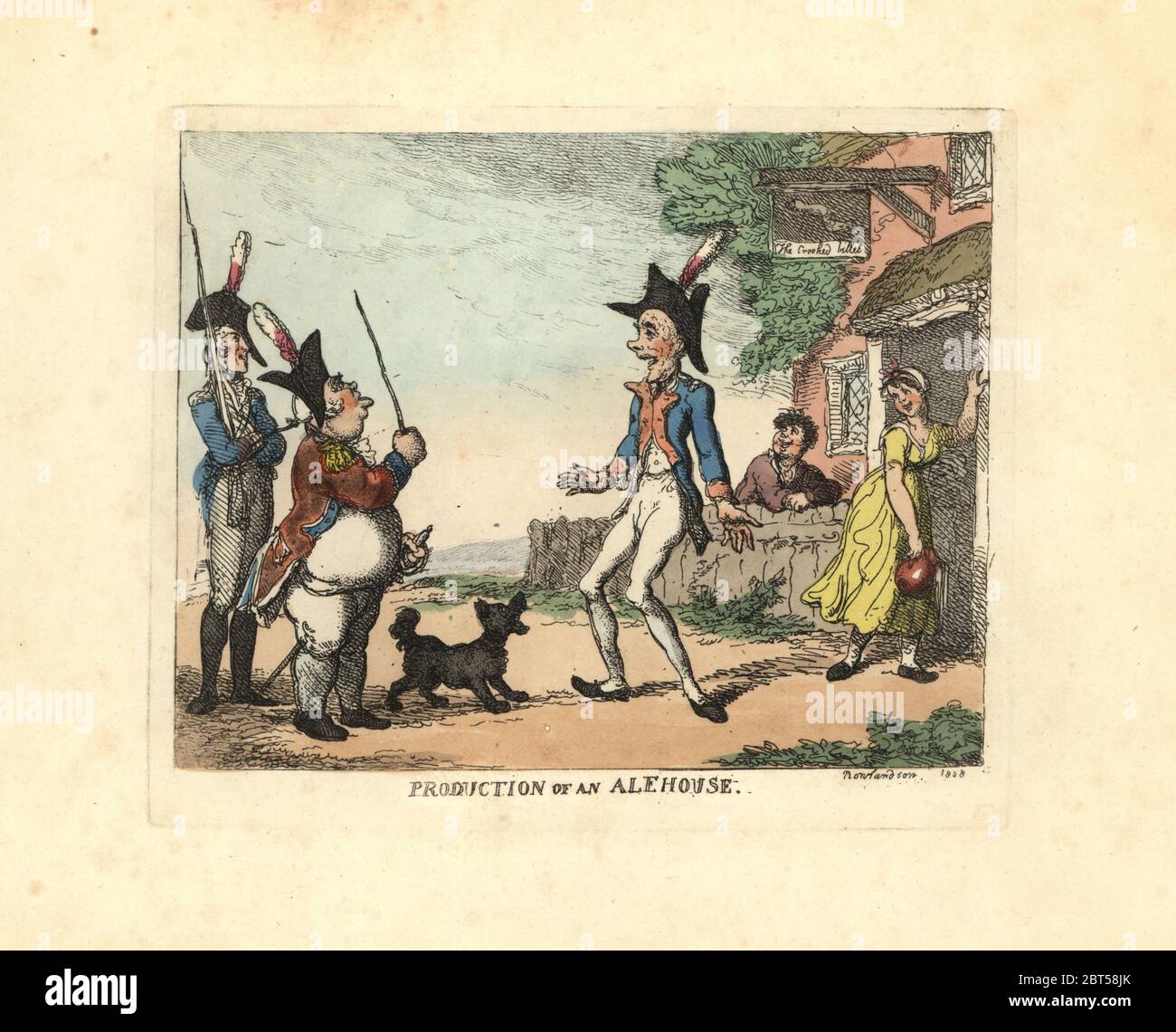 Tre soldati in uniforme sfilano fuori da una taverna, mentre un barman e un uomo ridono di loro. Produzione in Alehouse. Incisione a mano su copperplate progettata e incisa da Thomas Rowlandson per accompagnare le miserie del reverendo James Beresfords di vita umana, Ackermann, 1808. Foto Stock