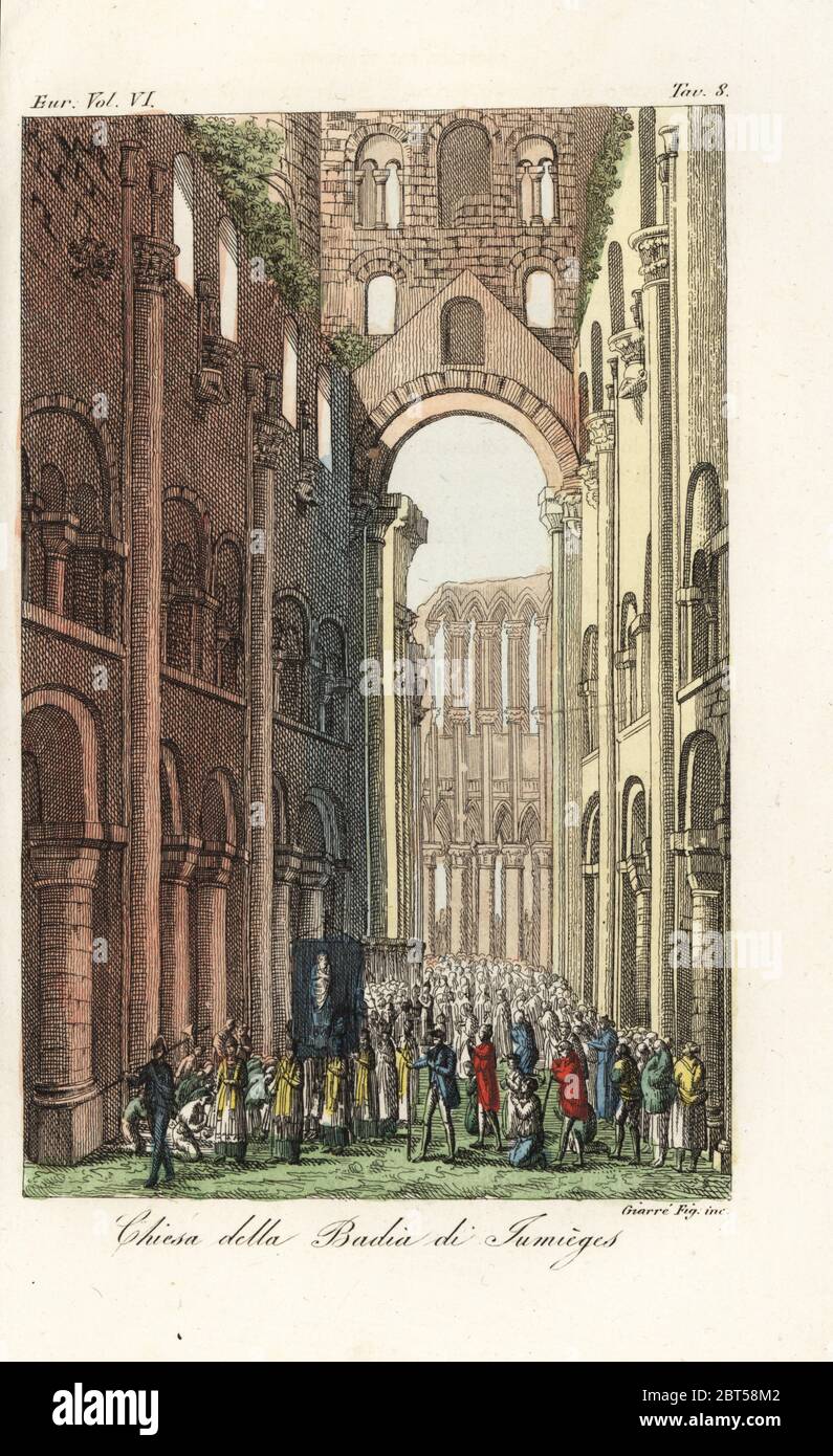 Processione religiosa le rovine della chiesa di Jumieges Abbazia, monastero benedettino in Normandia Francia. Rovine della Badia di Jumieges. Handcolored incisione su rame da Giarre fratelli dopo Giulio Ferrario nel suo costume antico e moderno di tutti i popoli del mondo, il costume antico e moderno o storia, Firenze, 1829. Foto Stock